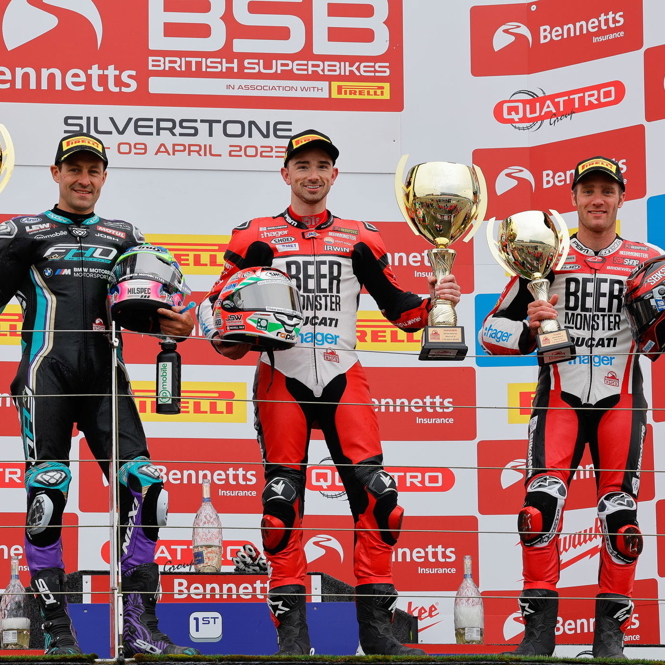 Podium, Silverstone, Race three, Round one, BSB, 2023, Irwin, Brookes, Bridewell